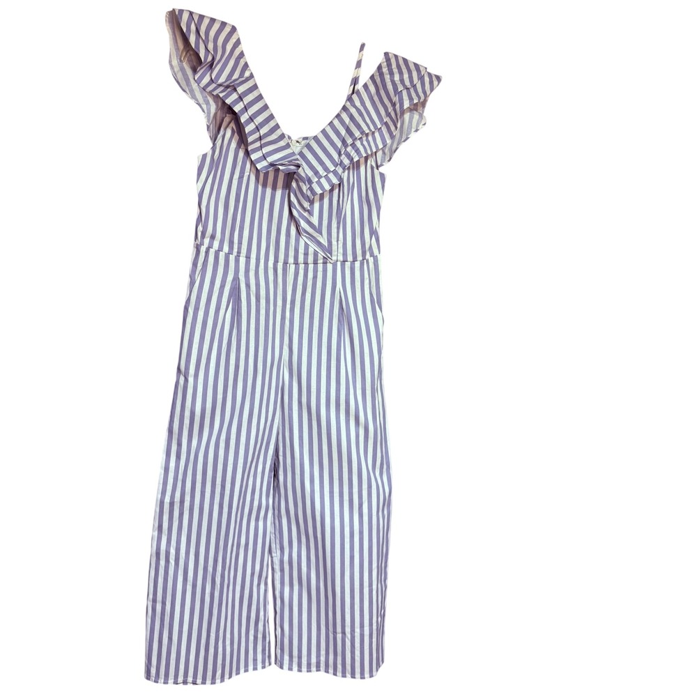 Main Strip Jumpsuit‎ Womens L Purple White Striped Ruffle Wide Leg Summer